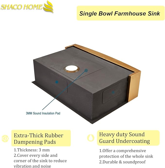SHACO Gold Farmhouse Sink, 33 Inch Gold Stainless Steel Single Bowl Apron Front Undermount Farm Kitchen Sink with Accessories
