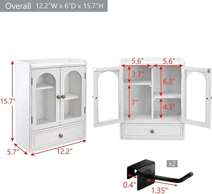 Ikee Design Wooden Countertop Storage Cabinet with Magnetic Door, Adjustable Shelves, Removable Hooks and Drawer for Perfume, Makeup, Pantry, Antique White, 12.2 W x 6 D x 15.7 H in