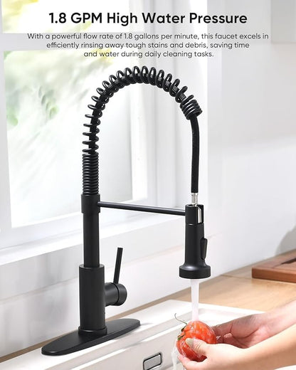 OWOFAN Black Kitchen Faucet with Pull Out Sprayer Stainless Steel Single Handle Spring Sink Faucets 1 Hole Or 3 Hole Dual Function for Farmhouse Camper Laundry Utility Rv Wet Bar