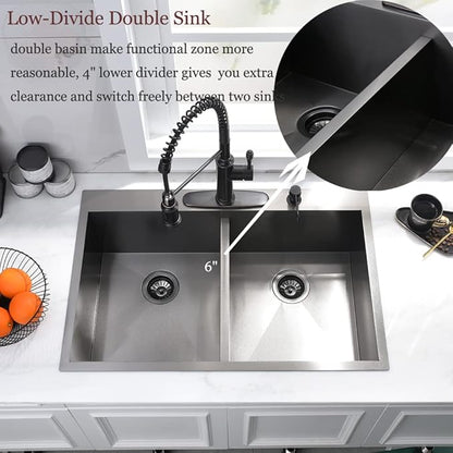 33 Inch Black Double Bowl Drop In Kitchen Sink-Bokaiya 33x22 Drop In Kitchen Sink 50/50 Double Bowl 16 Gauge Deep Low Divided Stainless Steel Basin with Roll Up Rack