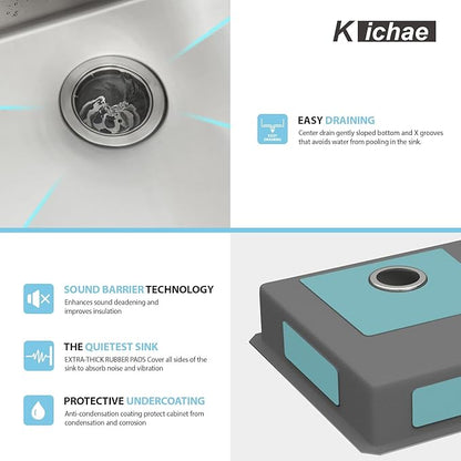 Kichae 20 Inch Undermount Sink 20 x 20 x5 Stainless Steel Kitchen Sink 16 Gauge Single Bowl Handmade Modern 5" Shallow Kitchen Sink ADA Small Round Corner Handmade Basin