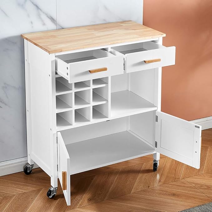 Menaka 2 Doors Kitchen Island Carts 30 Inches with Drawers and Wine Rack Storage Sideboard Buffet Trolley Side Table with Wheels, White Dining Room Cupboard Dinette Floor Freestanding Small Space