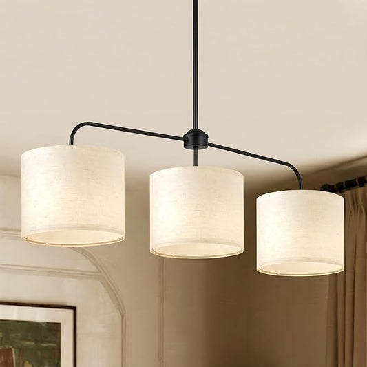 3-Light Black Linear Chandelier with Linen Beige Drum Shades, Modern Pendant Light Fixture for Kitchen Island, Dining Room, Living Room, Bedroom, E26 Base Compatible