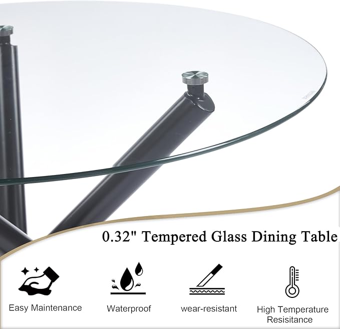 36" Round Dining Table for 4, Modern Clear Glass Kitchen Table for 4 with Black Cross Metal Legs, Contemporary Small Circle Dining Room Leisure Tables for Kitchen Apartment