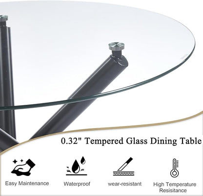 36" Round Dining Table for 4, Modern Clear Glass Kitchen Table for 4 with Black Cross Metal Legs, Contemporary Small Circle Dining Room Leisure Tables for Kitchen Apartment