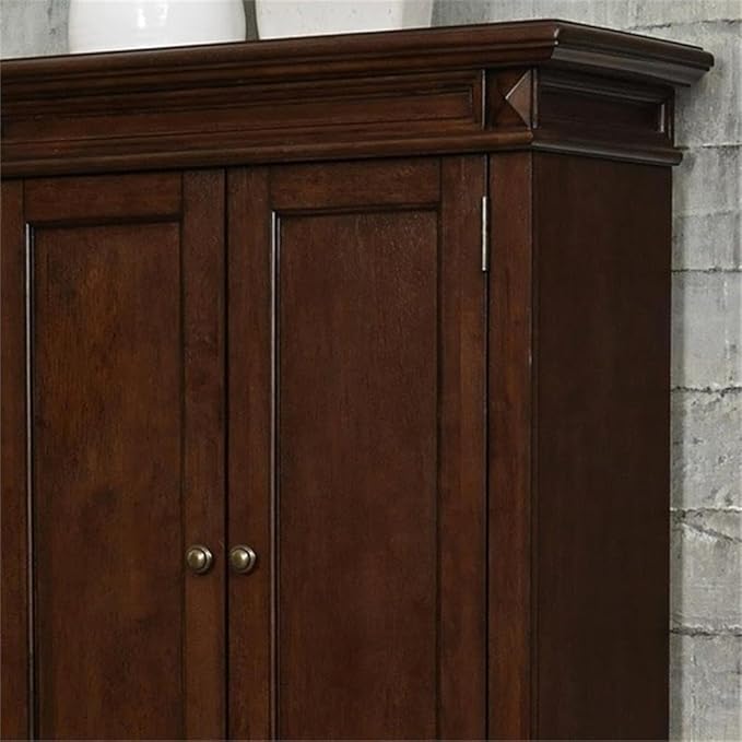 Bowery Hill Traditional Wood Kitchen Pantry, 72"H x 29.75"W x 16"D, Brown Cherry Finish, 4 Shelves, Distressed Oak Veneer, Carved Door Panels, Antique Nickel Hardware, Versatile Storage Cabinet for