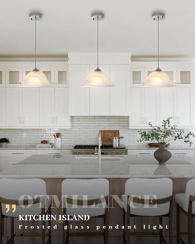 Kitchen Pendant Lighting Over Island, 11.8” White Frosted Glass Pendant Lights, Farmhouse Pendant Lights Kitchen Island, Modern Chrome Kitchen Pendant Light for Dinning Living Room (1 Pack)