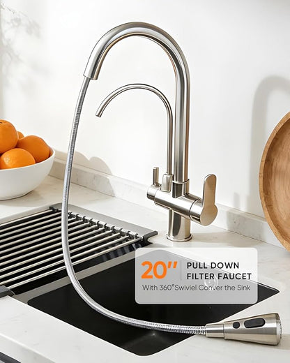 WANFAN Kitchen Sink Faucet with Pull Down Sprayer 2 Handle 3 in 1 Water Filter Purifier Faucets Brushed Nickel 0195SN