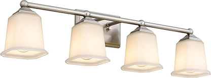 Tawson Nox Vintage 4-Light Vanity Light Modern Wall Sconce Lighting Brushed Nickel with White Glass Shade for Bathroom, Hallway, Entryway, Kitchen, Mirror, Laundry Room