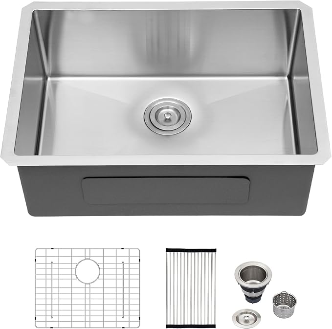 Logmey 26 Inch Undermount Kitchen Sink 26x18 Stainless Steel Undermount Sinks 16 Guage Single Bowl Handmade Sinks 26x18x9