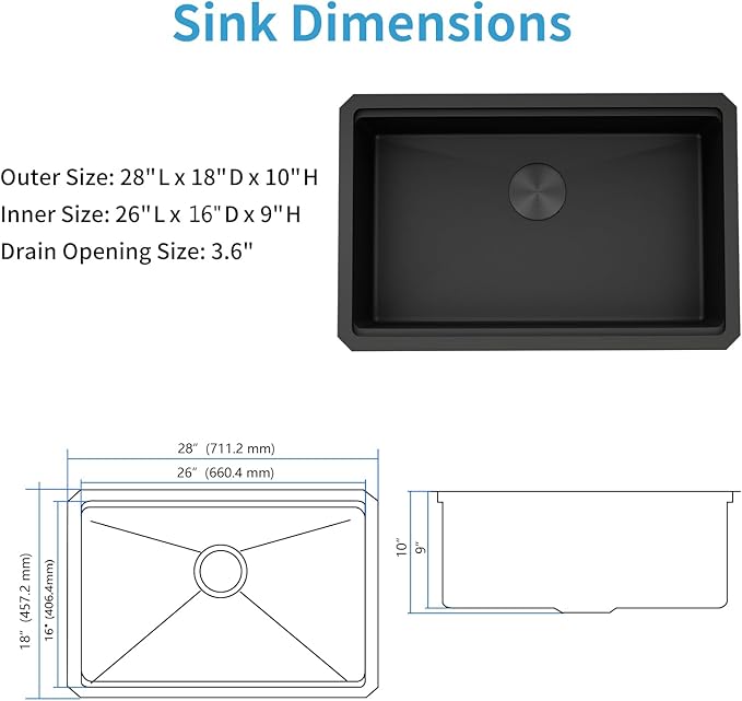 LQS 28 Inch Black Undermount Kitchen Sink, Undermount Kitchen Sink with 10" Deep Single Bowl, 16 Gauage Stainless Steel Material, Workstation Ledge with Abundant Accessories, R10 Round Corner