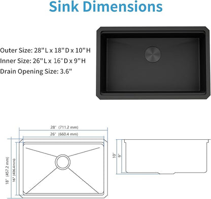 LQS 28 Inch Black Undermount Kitchen Sink, Undermount Kitchen Sink with 10" Deep Single Bowl, 16 Gauage Stainless Steel Material, Workstation Ledge with Abundant Accessories, R10 Round Corner