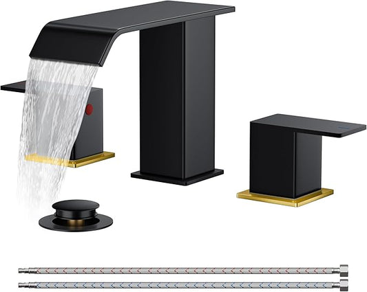 FORIOUS Black and Gold Bathroom Faucet 3 Hole, 2 Handles 8 Inch Widespread Waterfall Bathroom Sink Faucet with Metal Pop-Up Drain and 24" Water Hoses, for Vanity RV Restroom