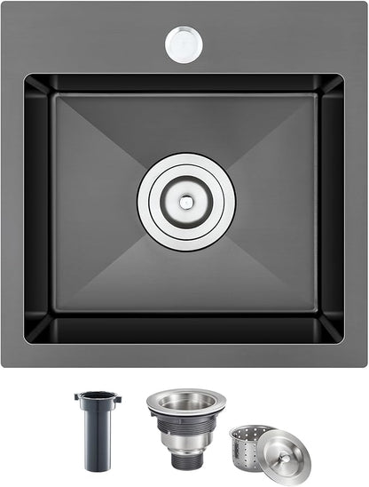 15 inch Drop in Bar Sink Black, Small Topmount Kitchen Sink Single Bowl, Handmade T-304 Stainless Steel Overmount Kitchen Bar Sink with Basket Strainer