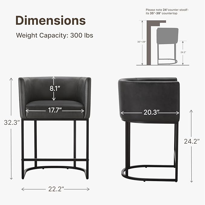 24" Counter Height Bar Stools Set of 4, Modern Barrel Counter Stools with Backrest and Arms, Faux Leather Upholstered Accent Barstools with Metal Legs for Kitchen Island,Black