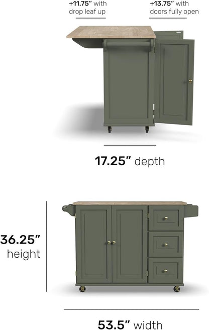 Homestyles Mobile Kitchen Island Cart with Wood Top and Dropleaf Breakfast Bar, 18" D x 53.5" W x 36" H, Green