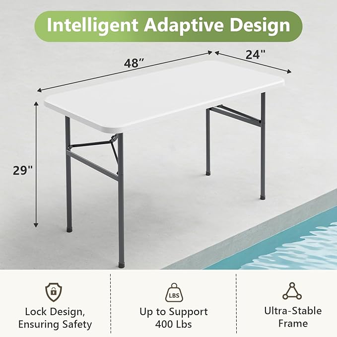 4ft Folding Table, Heavy Duty Plastic Card Table with Foldable Steel Legs, Metal Frame Support up to 400 lb, Portable for Indoor, Outdoor, Picnic, Camping, Dining, Party, White