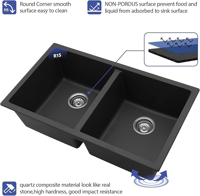 Sarlai 33 Black Granite Composite Kitchen Sink - 33"x19"Double Bowl Undermount Kitchen Sink Double Basin 50/50 Matte Black Quartz Under Counter Sinks Basin with Accessories