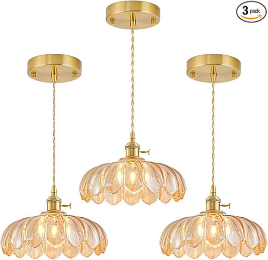 3 Pack Glass Pendant Lights Kitchen Island, Vintage Brass Pendant Light Fixtures, Adjustable Amber Kitchen Pendant Lighting Over Island for Bedroom Living Room Hallway Dining Room