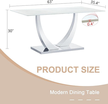 AZmac 63'' White Dining Table, Faux Marble Dining Room Table for 4-6, Tempered Glass Dinner Table with Silver Chrome U Shaped Legs for Kitchen Dining Room