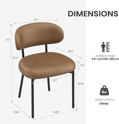 Upholstered Dining Chairs Set of 2, Modern Faux Leather Kitchen Chairs with Curved Backrest and Cushioned Seat, Sturdy Metal Legs, Comfortable Accent Chairs for Kitchen Dining Room,Living Room,Brown
