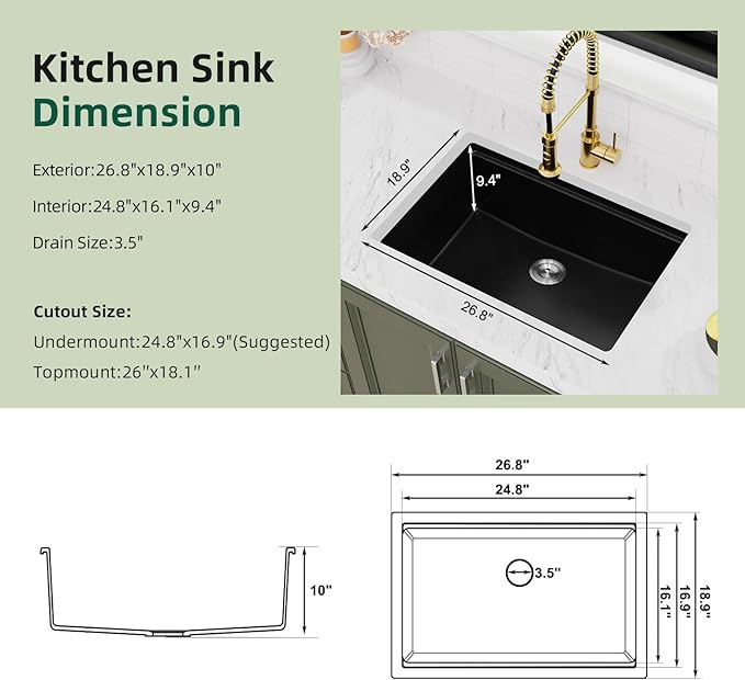 Davivy 27 Inch Black Granite Sink Workstation, 27 X 19 Granite Composite Kitchen Sink Undermount & Drop in, Deep Single Bowl with Accessories