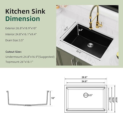 Davivy 27 Inch Black Granite Sink Workstation, 27 X 19 Granite Composite Kitchen Sink Undermount & Drop in, Deep Single Bowl with Accessories