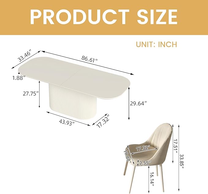86.61" Oval Dining Table Set for 6, 7 Piece Modern Dining Room Table Set with 6 Chairs for Kitchen, Living Room, Cream White Kitchen Table, Dinner Table Set with Stable Oval Pedestal