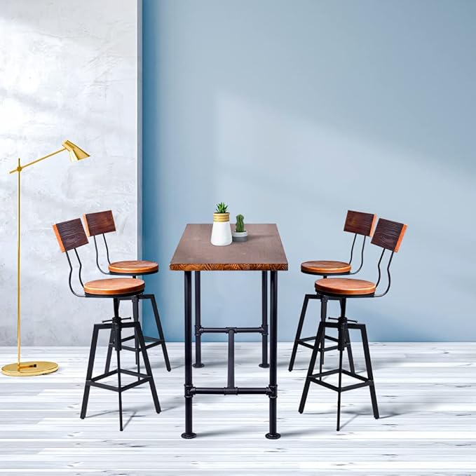 Diwhy 5 Piece Bar Table and Barstool Set Industrial Rectangular Pipe Dining Pub Bar Desk and Kitchen Counter Height Adjustable Stool with Backrest Black(1 Table + 4 Chairs)