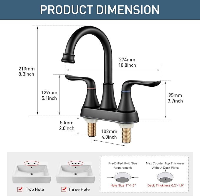 GENBONS Bathroom Faucets for Sink 3 Hole, 4 inch Matte Black with Pop-up Drain and 2 Supply Hoses 2 Handle Centerset Faucet for Sink Vanity