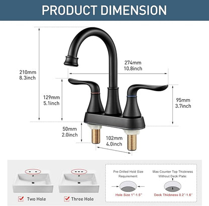 GENBONS Bathroom Faucets for Sink 3 Hole, 4 inch Matte Black with Pop-up Drain and 2 Supply Hoses 2 Handle Centerset Faucet for Sink Vanity