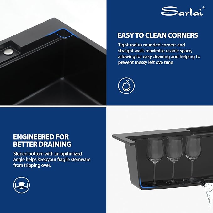 Sarlai Waterfall Kitchen Sink - 33 Inch Drop In Granite Composite Sink 33x22 Inch Topmount Workstation Sink Matte Black Kitchen Sinks Quartz Single Bowl Multifunction Sinks with Waterfall