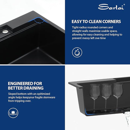 Sarlai Waterfall Kitchen Sink - 33 Inch Drop In Granite Composite Sink 33x22 Inch Topmount Workstation Sink Matte Black Kitchen Sinks Quartz Single Bowl Multifunction Sinks with Waterfall