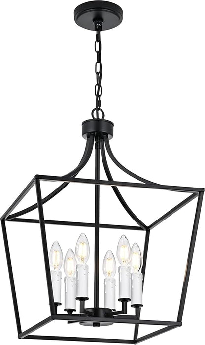 6-Light Large Classic Lantern Chandelier in Black, Height Adjustable Hanging Pendant Light Fixture for Kitchen Island Dining Room Foyer, E12 Bulb Base