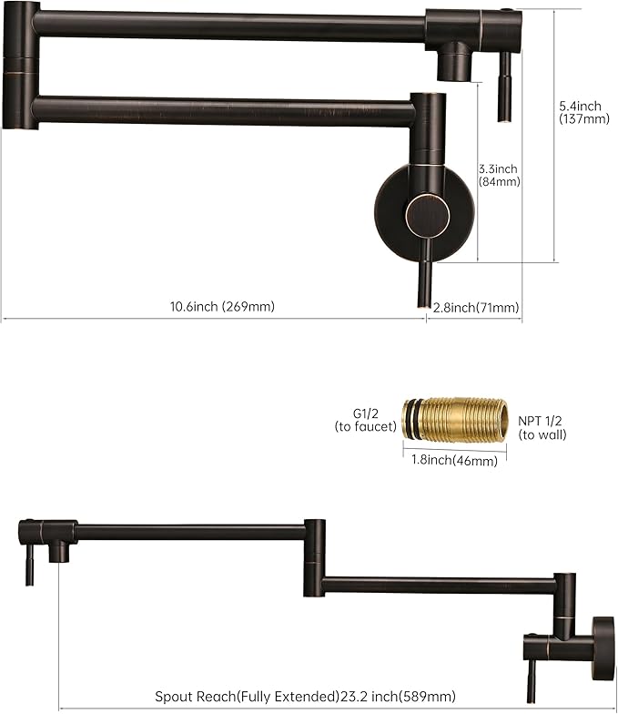 Fransiton Pot Filler, Oil-Rubbed Bronze Pot Filler Faucet Wall Mount, Brass Folding Stretchable with Double Joint Swing Arm Single Hole Two Handles Over Stove Kitchen Restaurant
