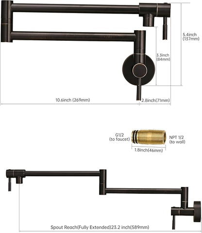 Fransiton Pot Filler, Oil-Rubbed Bronze Pot Filler Faucet Wall Mount, Brass Folding Stretchable with Double Joint Swing Arm Single Hole Two Handles Over Stove Kitchen Restaurant