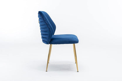 Modern Velvet Dining Chairs Set of 2, Woven Accent Kitchen Chairs with 4 Sturdy Golden Metal Legs and Back, Armless Side Chair with Ring for Indoor, Kitchen Island, Dining Room, Living Room (Blue)