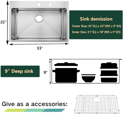 Comllen 33 x 22 inch Drop in Kitchen Sink, 33 inch Topmount Stainless Steel Sink, 18 Gauge T304 Single Bowl Kitchen With Grid and Strainer