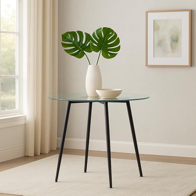 Modern 31" Round Tempered Glass Dining Table with Metal Legs Small Kitchen Table for Dining Room Breakfast Nook or Apartment Space Saving