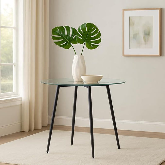 Modern 31" Round Tempered Glass Dining Table with Metal Legs Small Kitchen Table for Dining Room Breakfast Nook or Apartment Space Saving