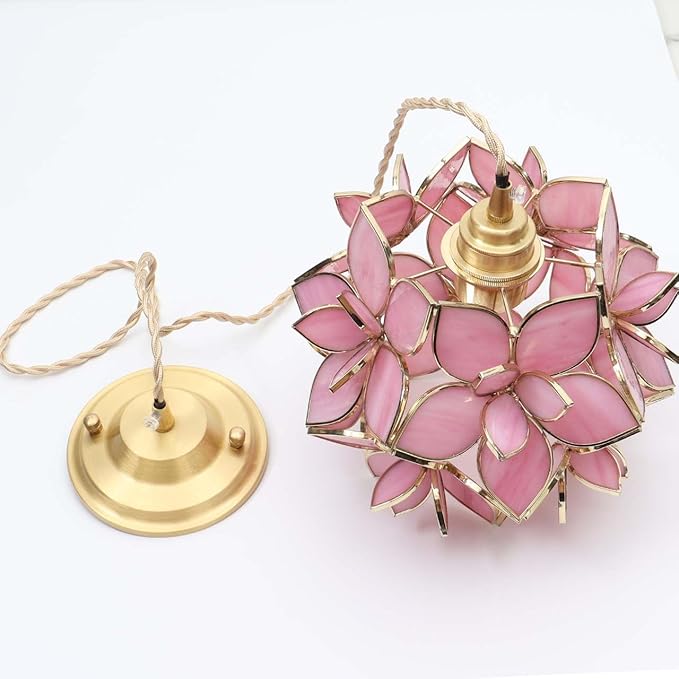 Bieye L10913 Petals Tiffany Style Stained Glass Ceiling Pendant Light with 8-inch Wide Lampshade (Pink, 8" Rose Lily)