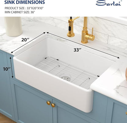 Sarlai 33 White Farmhouse Sink - 33x20 Inch Kitchen Sink Apron Front Ceramic Porcelain Vitreous Fireclay Single Bowl Farmer Sinks Basin
