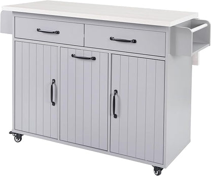 Ball & Cast Kitchen Island with Trash Can Storage Cabinet,Kitchen Cart W/Drop Leaf,Spice Rack,Towel Rack and Drawers,Rolling Kitchen Islands on Wheels W/Adjustable Shelf for Dining Room,Grey