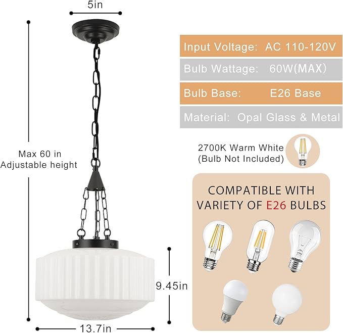 Schoolhouse Pendant Light, 14inch Milk Glass Pendant Light Vintage Black Chandelier Adjustable Height Mid Century Modern Pendant Lighting for Kitchen Island Dining Room Foyer Hallway