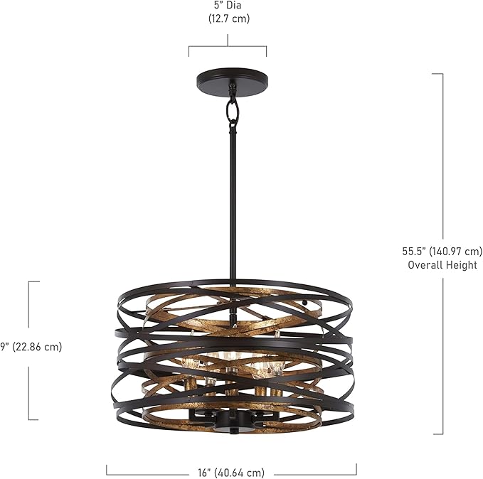 Minka Lavery 4675-111 Vortic Flow Convertible Pendant to Semi-Flush, 5-Light, 300 Total Watts, 16-in H x 9-in W, Dark Bronze with Mosaic Gold Interior