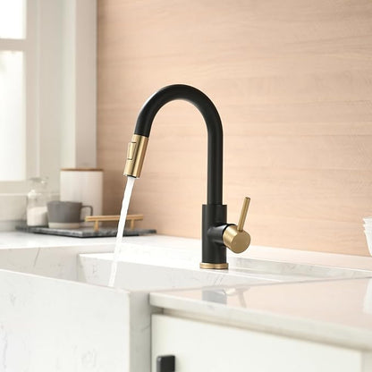 CENOSA Modern Bar Sink Faucet for Kitchen Sink Single Handle with Pull Out Sprayer Hot and Cold Prep Sink Faucet Black and Gold