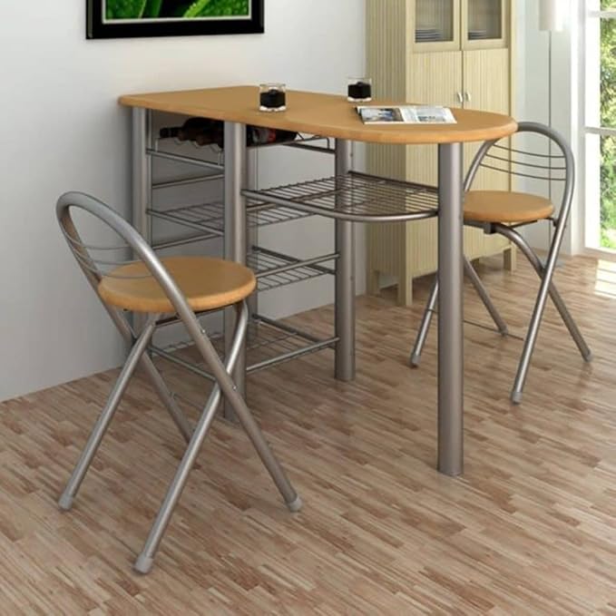 Small Kitchen Dining Table Set with 2 Chairs, Light Brown Wood Bistro Bar Table Set for Small Spaces, Indoor Breakfast Nook, Modern Living Room Furniture with Storage Shelves and Wine Holder