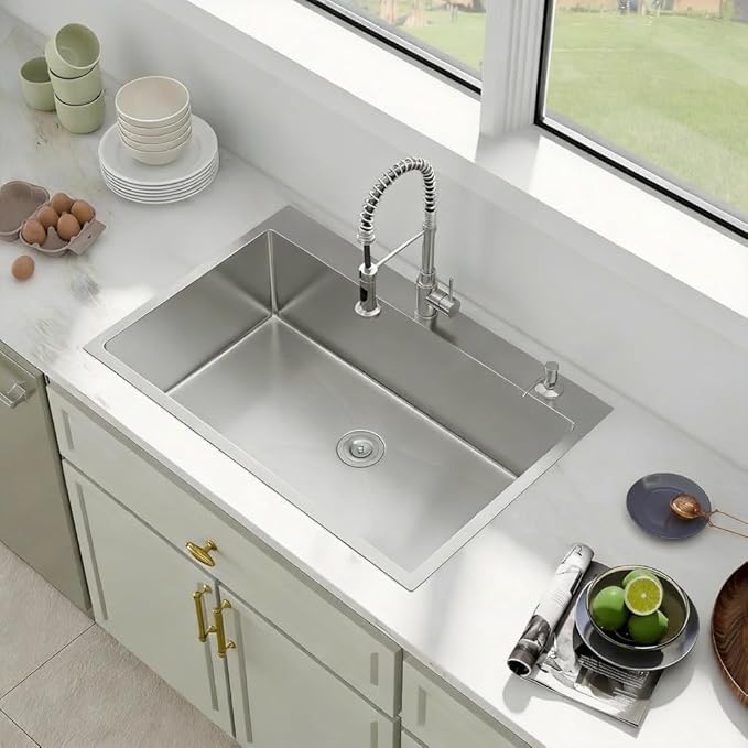 33 Drop In Kitchen Sink - Fuyuoer 33x22 inch Drop in Stainless Steel Sink 16 Gauge Single Bowl 10'' Deep Large Topmount Kitchen Sinks Over Mount, Round Corners