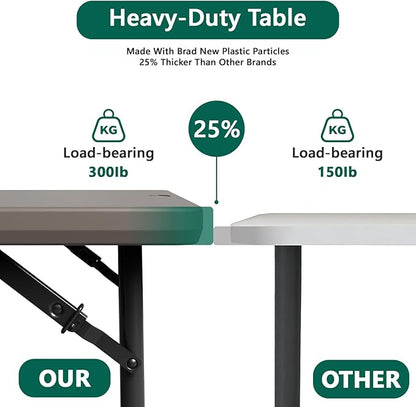 Folding Table 4FT Heavy Duty Plastic Table with Handle, Foldable&Portable, Fold-in-Half Utility Tables for Outdoor, Dining, Wedding, Events, Indoor, Picnic, Camping, Party, Khaki