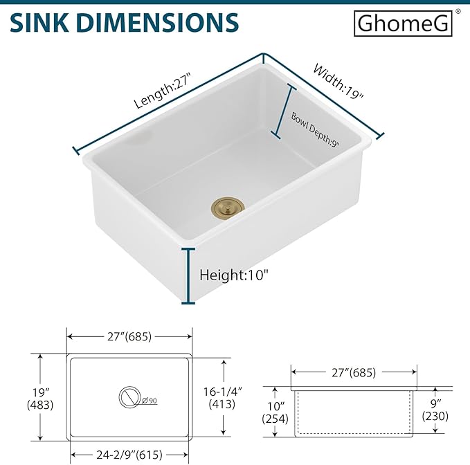 White Undermount Kitchen Sink 27 Inch Fireclay Porcelain Pure White Kitchen Sink 27"x19"x10" Dual Mount Single Bowl Glossy - Gold Drain